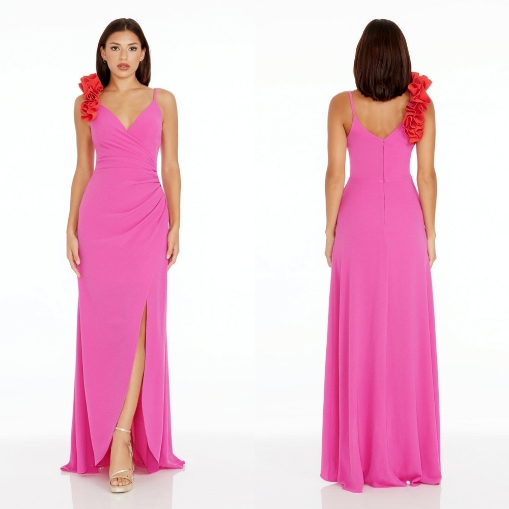 Dress The Population Ruffled Shoulder  Camelia Gown In BRIGHT FUCHSIA-POPPY